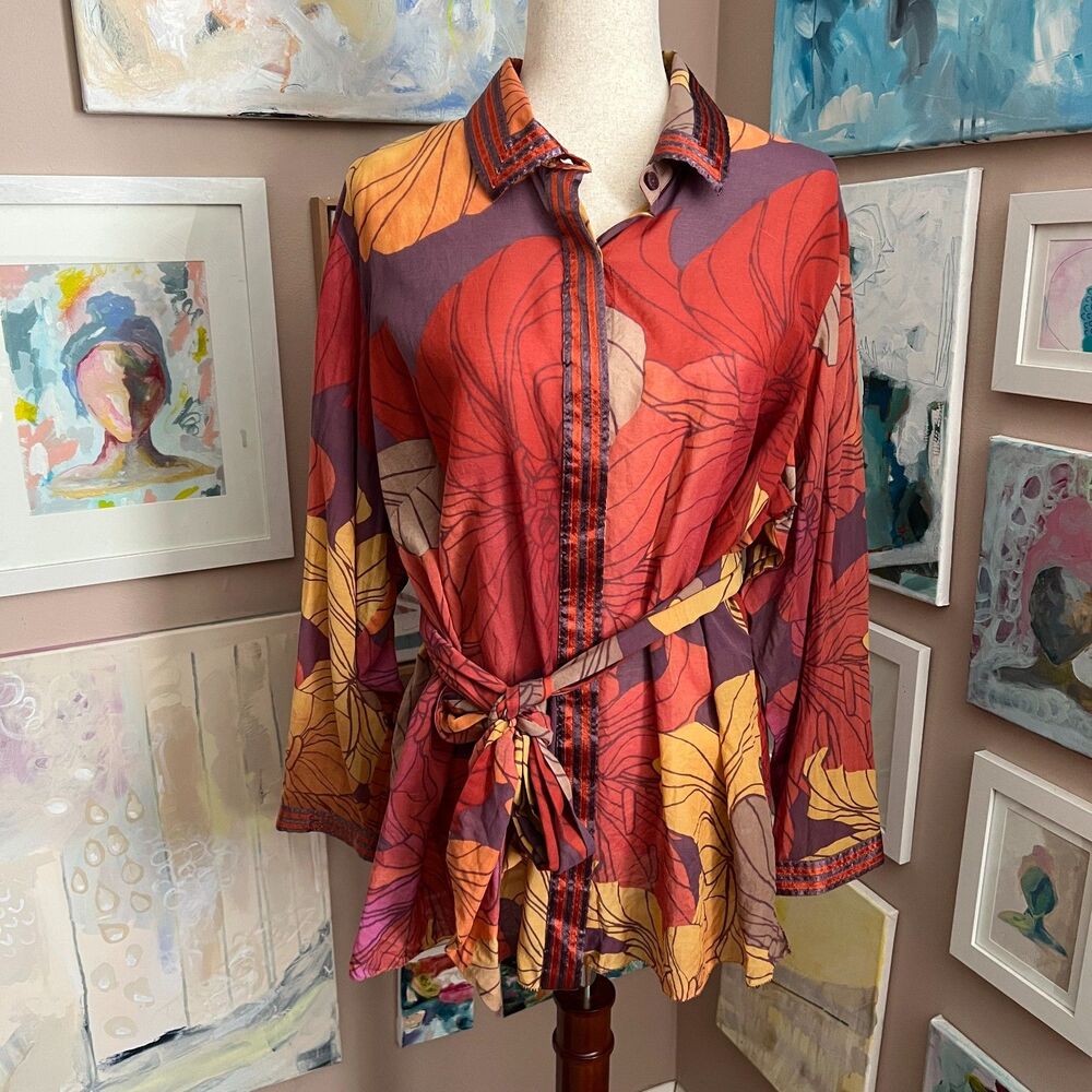 Sigrid‎ Olsen Floral Muted Silk Blouse  Dopamine Dressing Boho Romantic Retro 1X